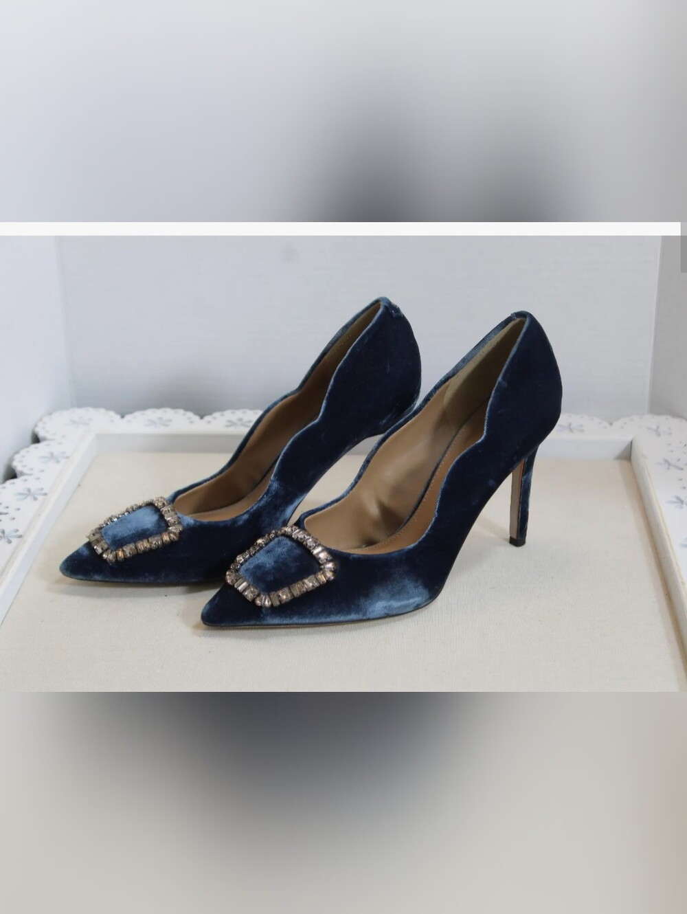 Sam Edelman Evereve Navy Velvet Pointed Toe Pumps with jeweled buckle